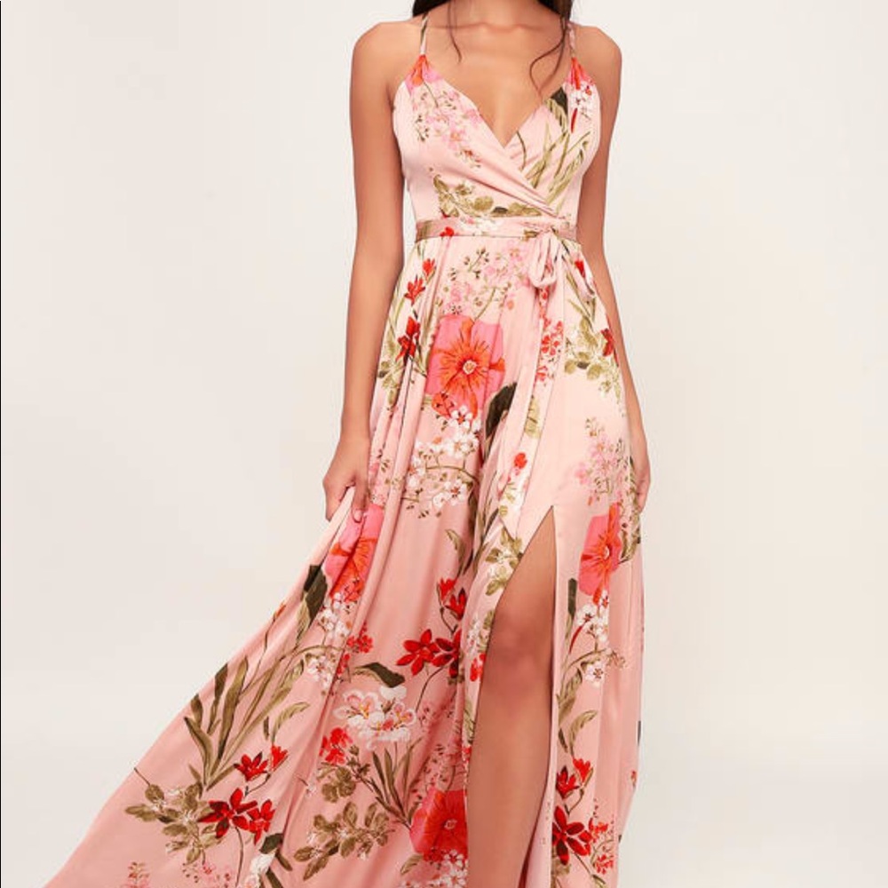 Lulus blush floral pink satin dress. O.B.O